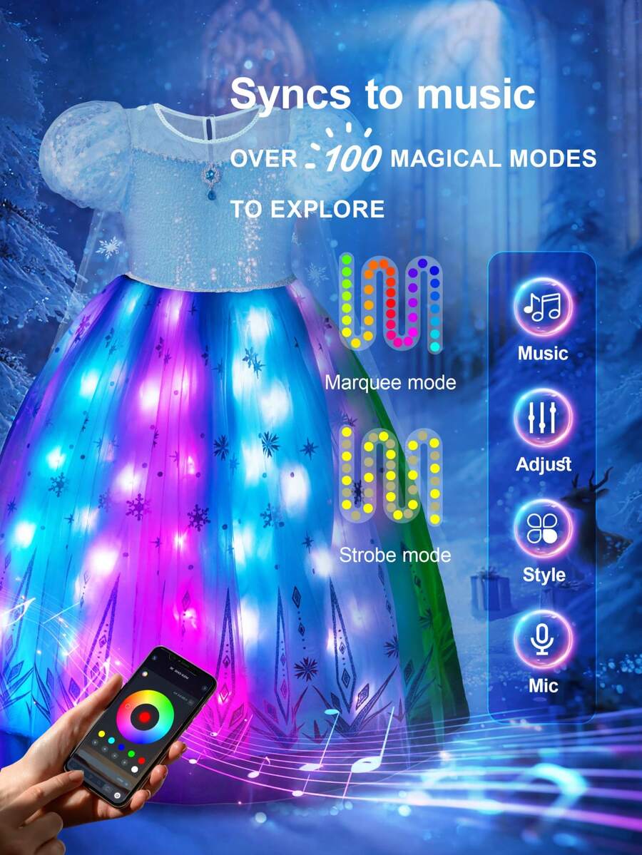 Halloween Costumes For Girls, Light Up Princess Dress With Blue Cape, Kids Party Dress, Syncs With Music, App Remote Control, With Crown, Wand, Wig, Gloves, Necklace For Halloween Cosplay Costume (Battery Not Included)