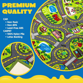 Kids Play Rugs - 12 Pull-Back Vehicle Set - Durable Carpet Playmat Rug - City Pretend Play - Toddler Car Track Rug