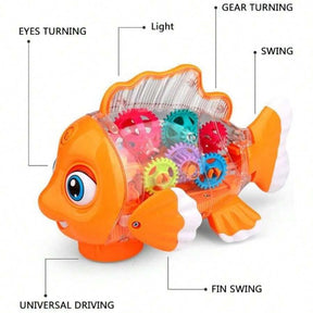 Transparent Electric Gear Gold Fish Toddler Toys With Music & Lights, Baby Toddler Kids Birthday Gifts Gear Goldfish Car Toy Electronic Land Swimming Fish Toy Goldfish Toy Universal Wheel Car Toy With Lights And Music-Eyes, Arms & Tail Can Move