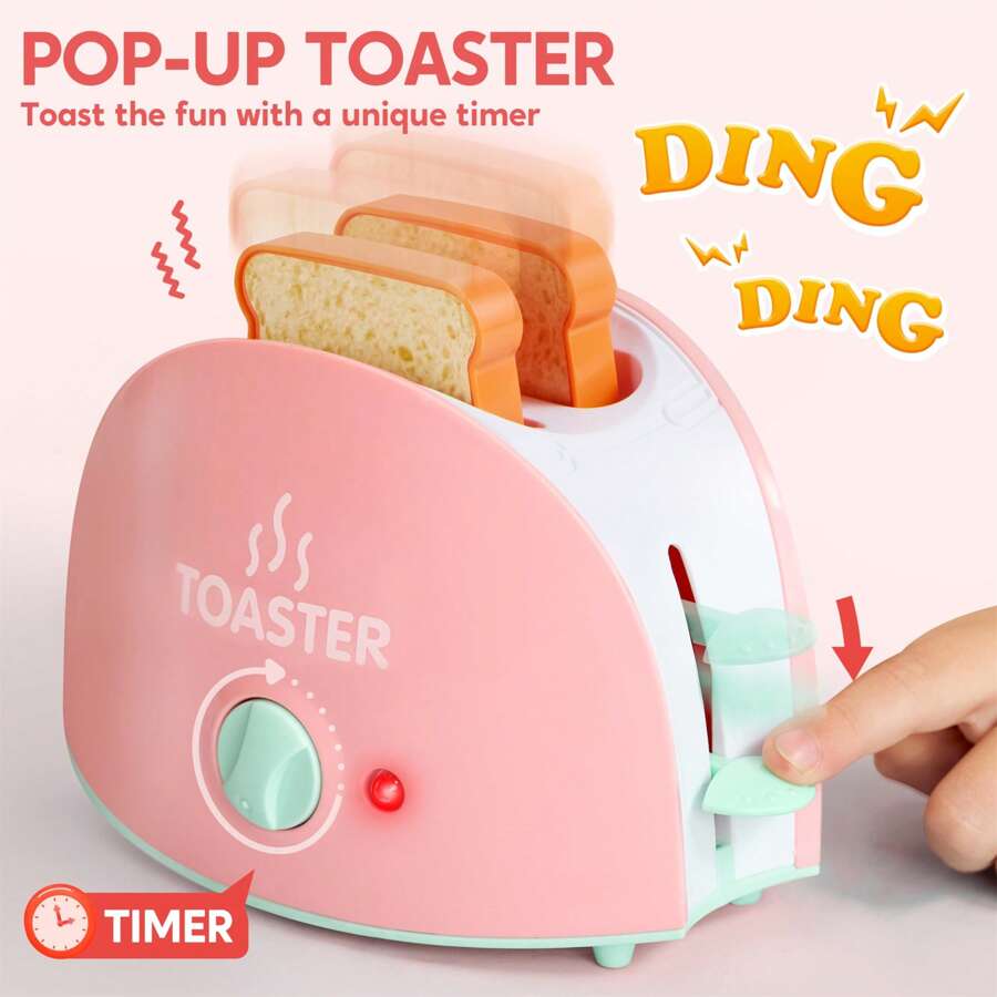 Play Kitchen Toys, Pretend Play Kitchen Appliances Toy Set With Coffee Maker, Mixer, Toaster With Realistic Lights& Sounds, Birthday Gift For Kids Ages 3+, Pink