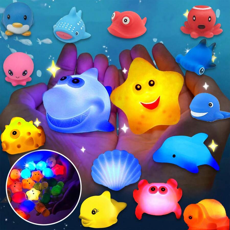5/7/11pcs No Hole Bath Toys - Light Up Ocean Animals Set - Bathtub Floating Water Toys For Bathroom Water Tub Games Pool Party