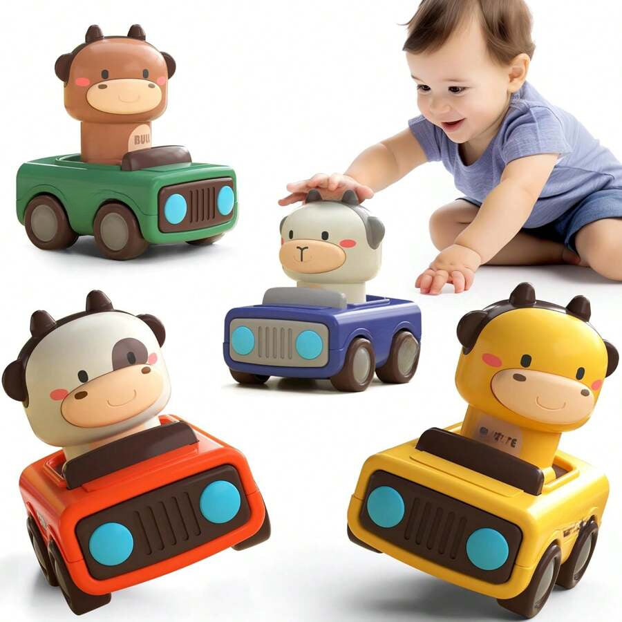 Press To Go Car Toys For Toddlers 1-3, Baby Animal Racing Cars, Infant Play Vehicle Set, BabyPush Go Friction Car Toys For 18+ Months, Birthday Gifts For 1-2 Years Old Boys