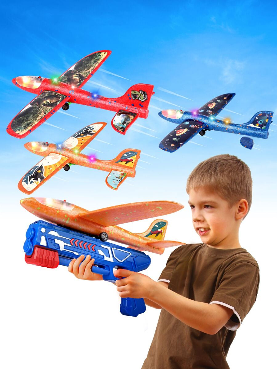 3 Pack Airplane Launcher Toy, 12.6" Foam Airplane Led Plane, 2 Flight Mode Catapult Plane Boy Toys With 3 DIY Stickers, Outdoor Flying Toys For Kids Gifts For 4 5 6 7 8 9 10 12 Year Old Boys Girls