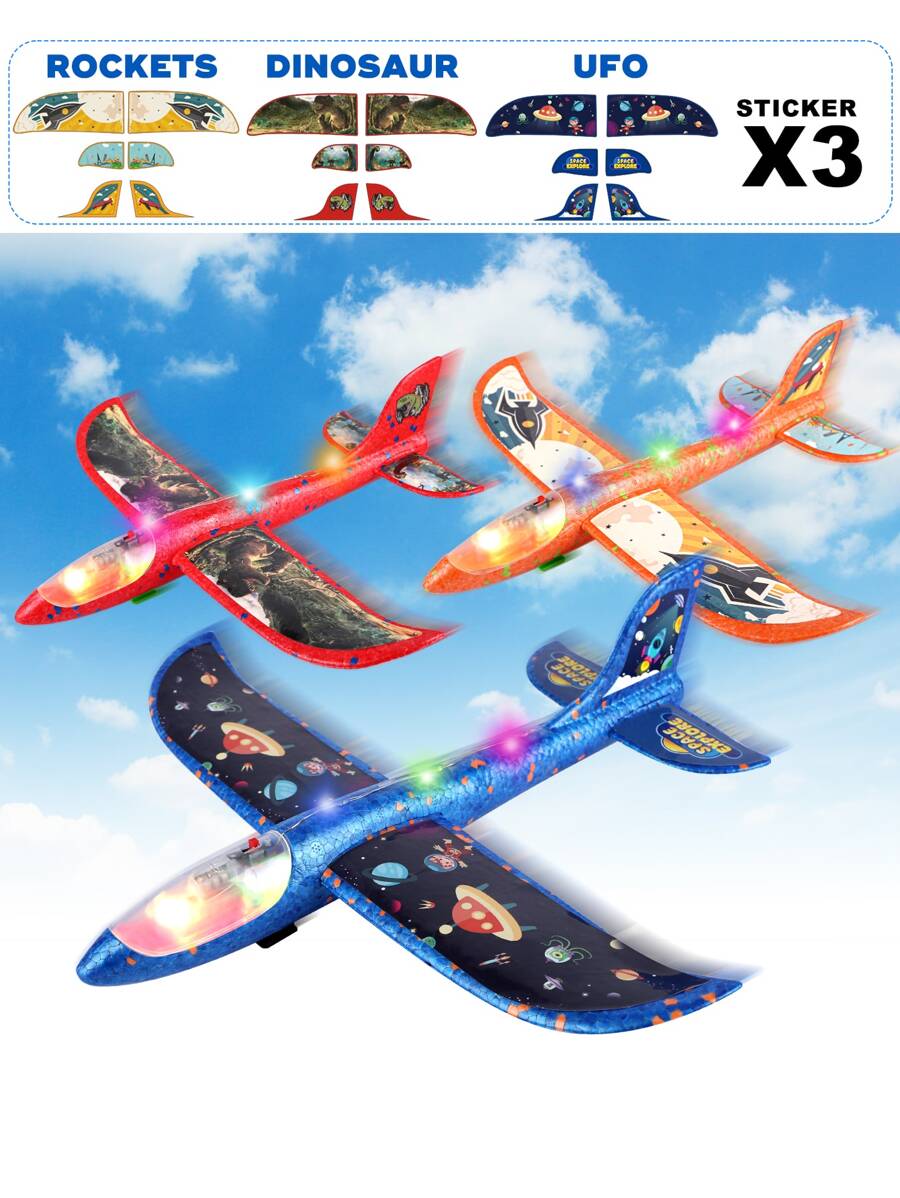 3 Pack Airplane Launcher Toy, 12.6" Foam Airplane Led Plane, 2 Flight Mode Catapult Plane Boy Toys With 3 DIY Stickers, Outdoor Flying Toys For Kids Gifts For 4 5 6 7 8 9 10 12 Year Old Boys Girls