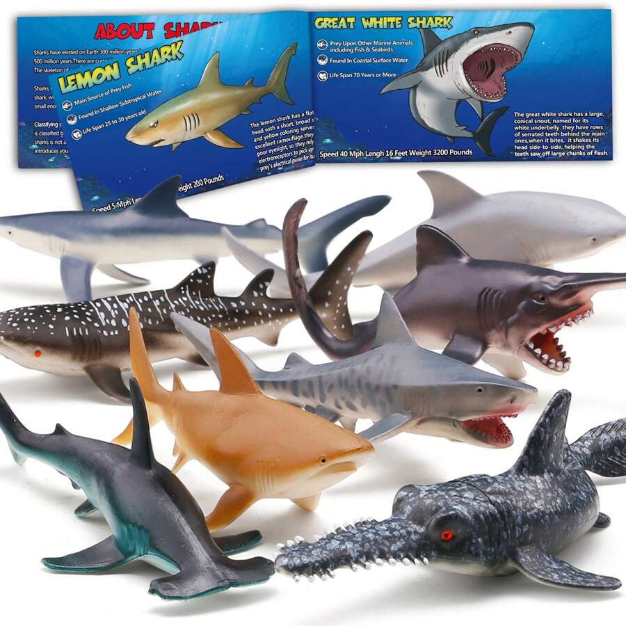 8 Pack Shark Toys With Educational Booklet, Soft Plastic Realistic Shark Figure Set For Kid, Ocean Sea Animal Party Favor, Pool Bath Tub Toy For Toddler Child Boy Girl, Birthday Gift Room Decoration
