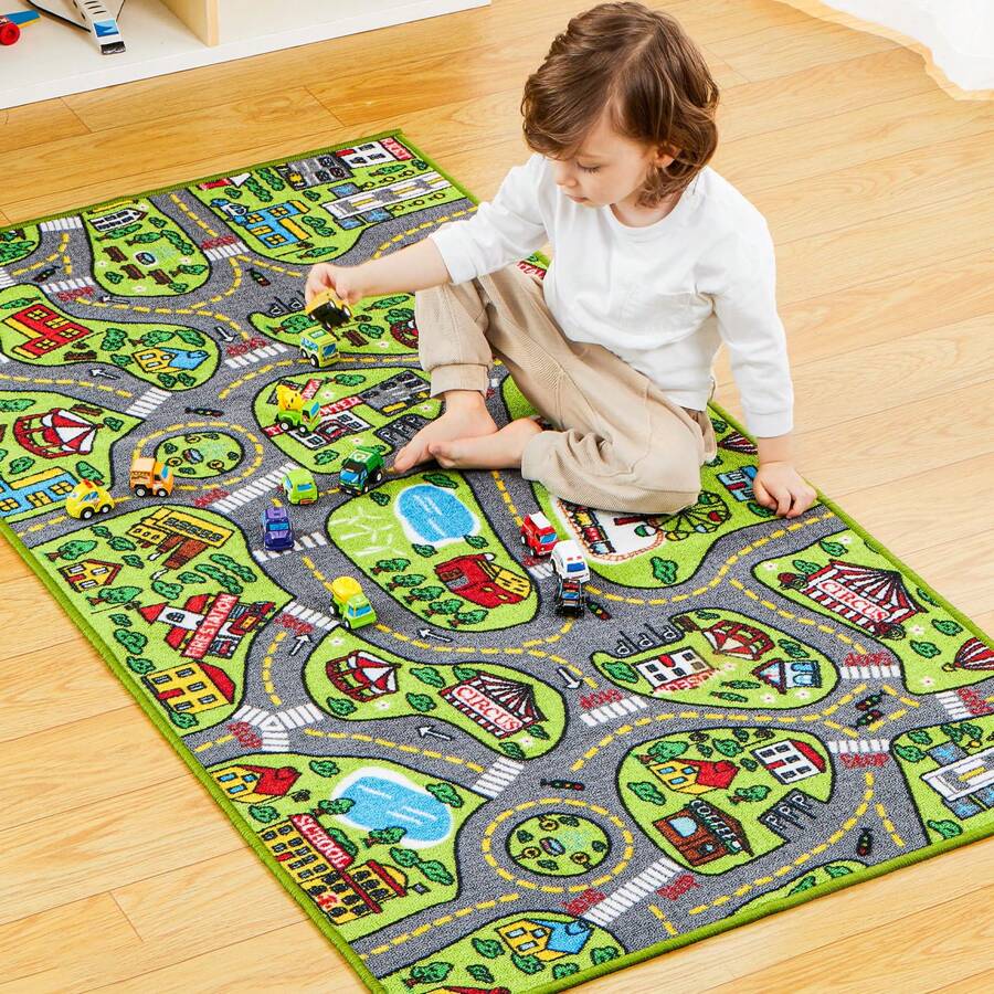 Kids Play Rugs - 12 Pull-Back Vehicle Set - Durable Carpet Playmat Rug - City Pretend Play - Toddler Car Track Rug