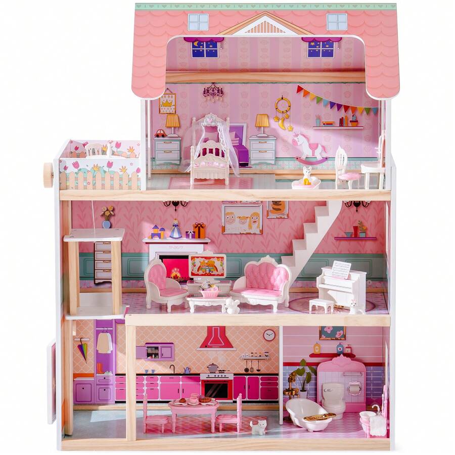 Robotime Robud 3-Story Wooden Dollhouse With Working Elevator - 20PCS Furniture Set, Garage & Accessories - Large Preschool Playhouse For Kids Ages 3+, Ideal Gift For Girls & Boys