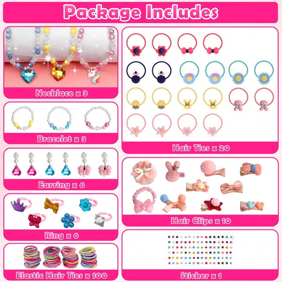 Kids Jewelry Toys For Girls Ages 3 4 5 6 7 8 9 10, Toddler Dress Up Play Jewelry Set, Princess Jewelry With Hair Clips & Hair Ties, Christmas Birthday Gifts For Girls 3-12 Years Old